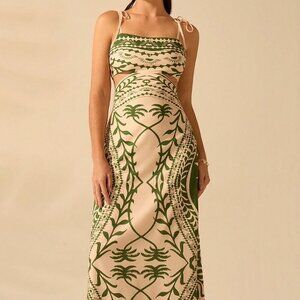 Green Boho Women's Coconut Print Hollow Waist Back Binding Sleeveless Dress